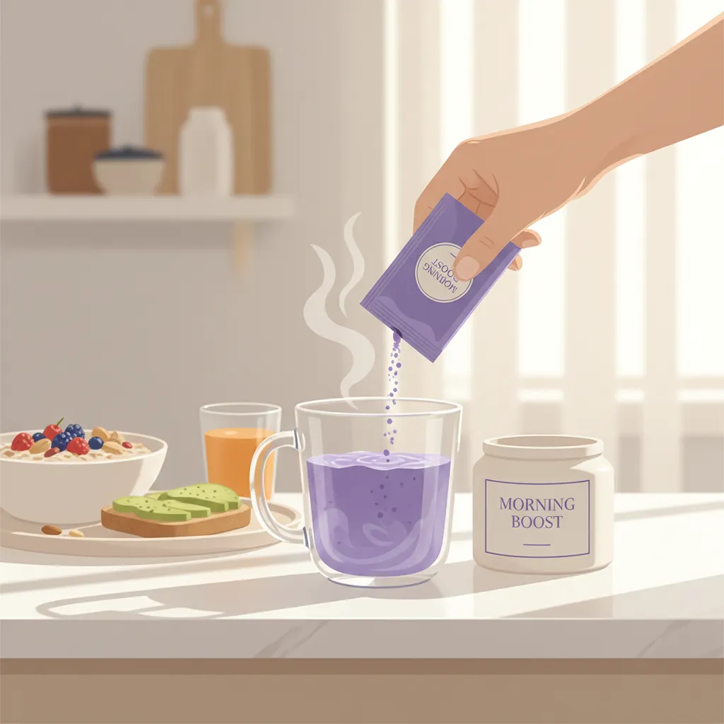 Hände rühren Wellaray Coffee Portionsbeutel in Tasse ein - Tagesroutine Nahrungsergänzungsmittel für aktiven Stoffwechsel